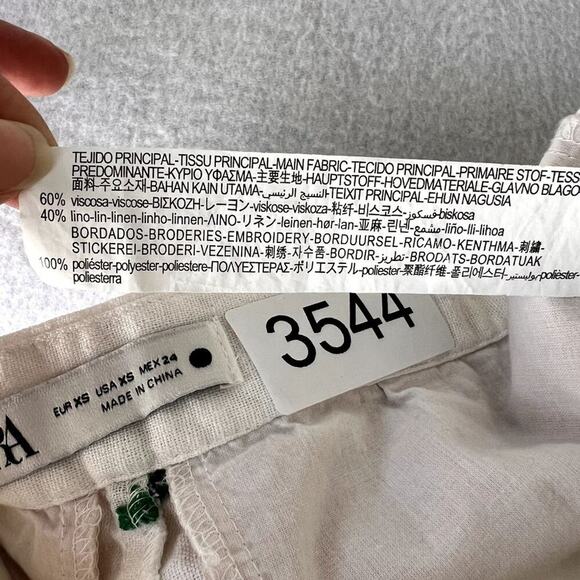 Zara Pants Womens High Rise X-Small Embroidered White Green Linen Blend - Picture 11 of 13